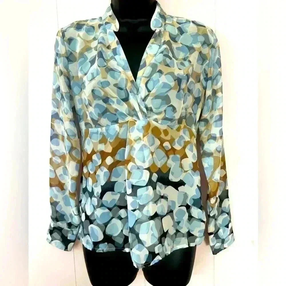 New York & Co. Women's Sz 2 Sheer Long Sleeve Button Wrist V-Neck Blouse